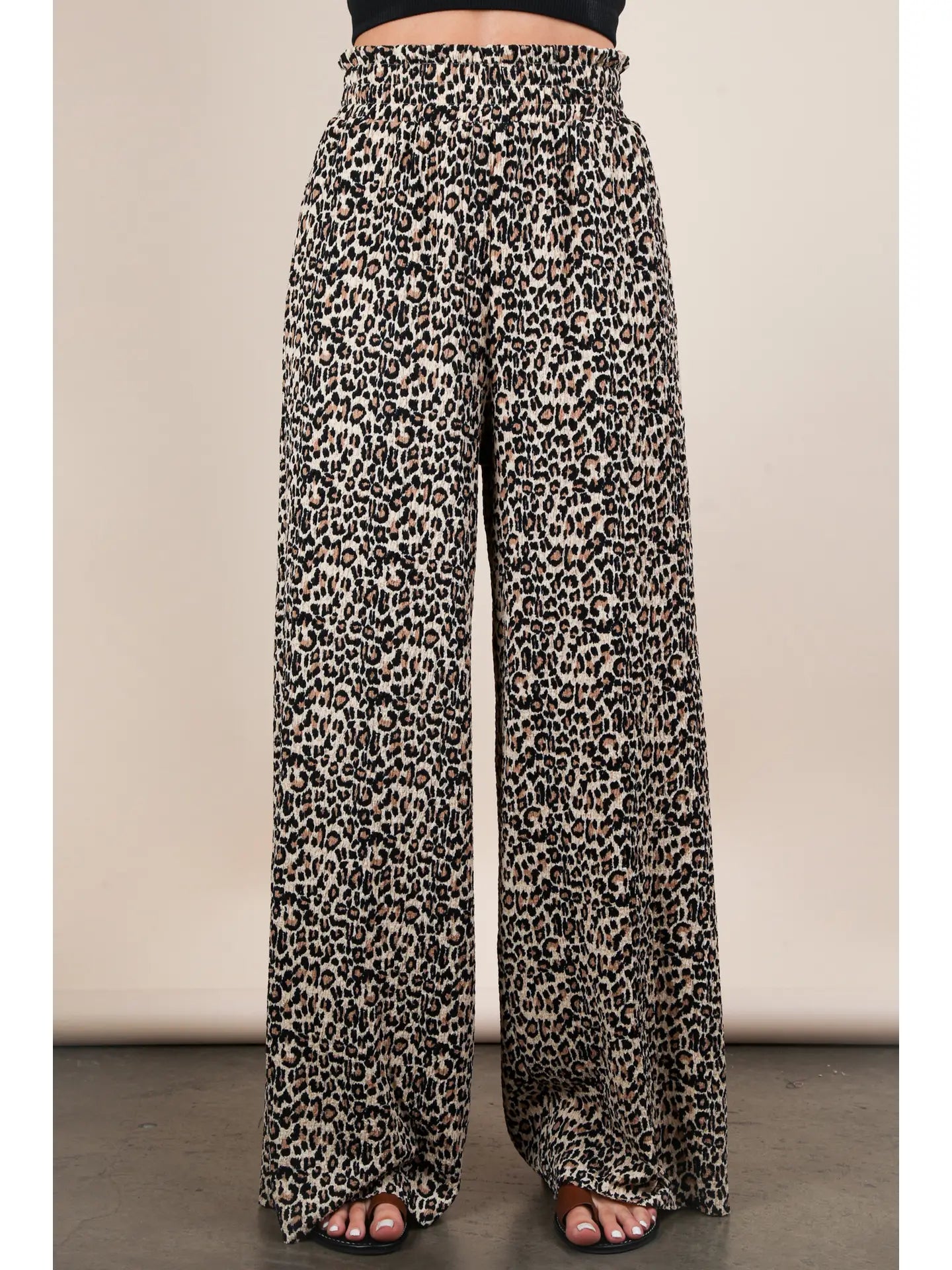 Leopard Print & Solid Wide Leg Pleated Pants
