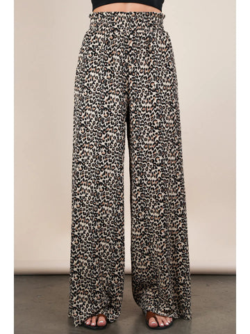 Leopard Print & Solid Wide Leg Pleated Pants