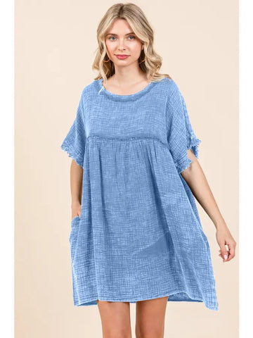 Scoop Neck Babydoll Dress BLUE (S-3X)