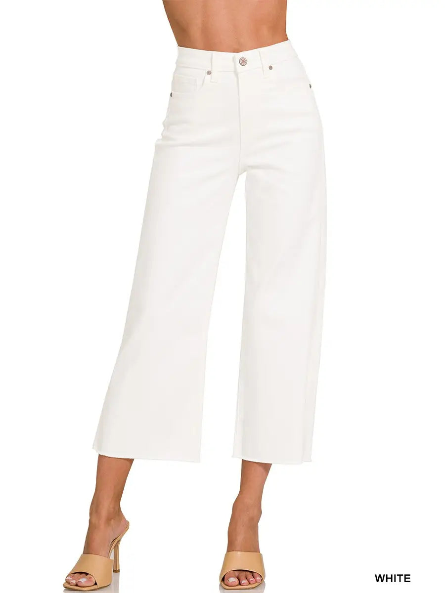 High Rise Wide Leg Cropped White Denim Pants