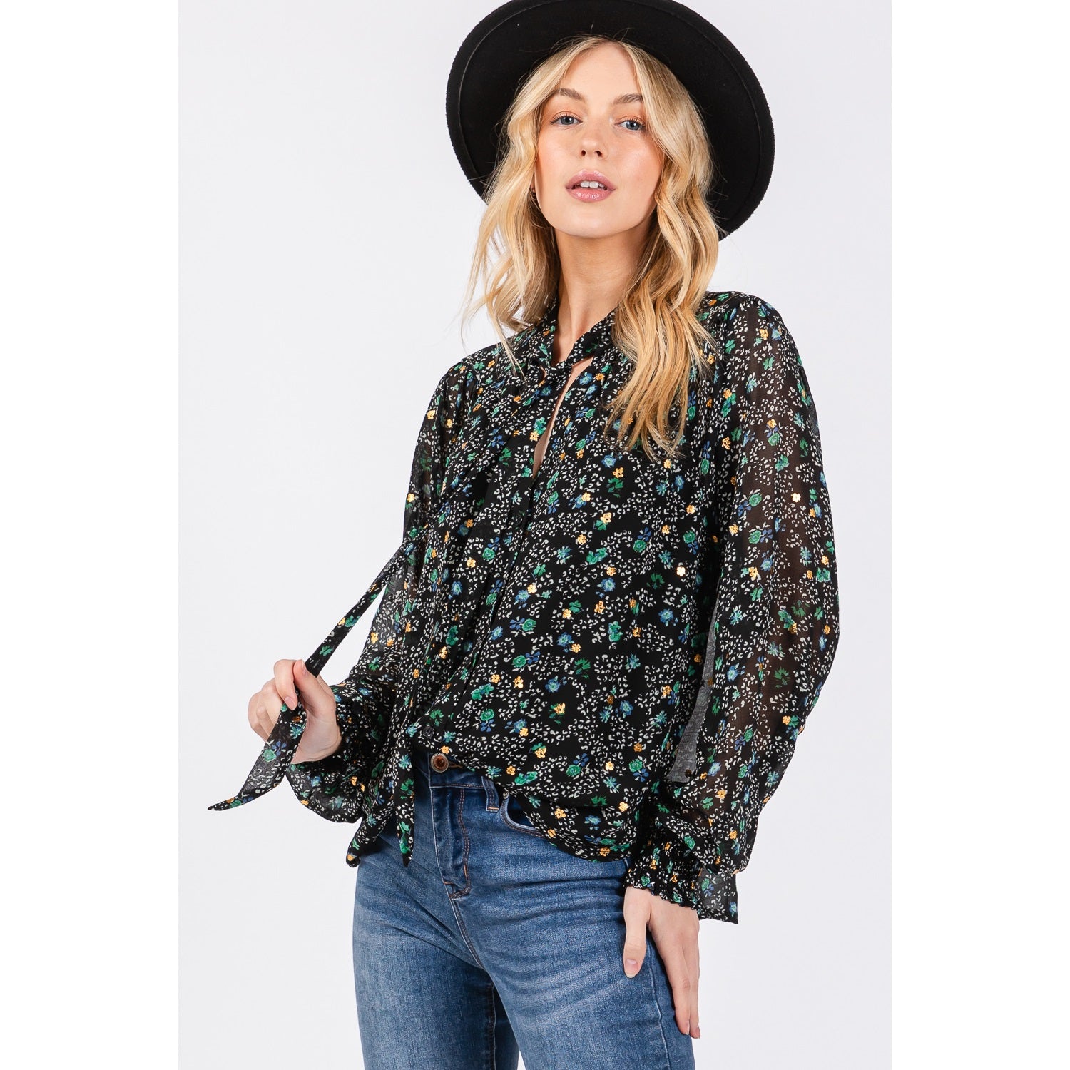 Tie Neck Long Sleeves Floral Print Blouse