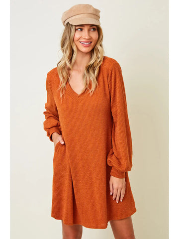 Rust V-Neck Rib Sweater Dress