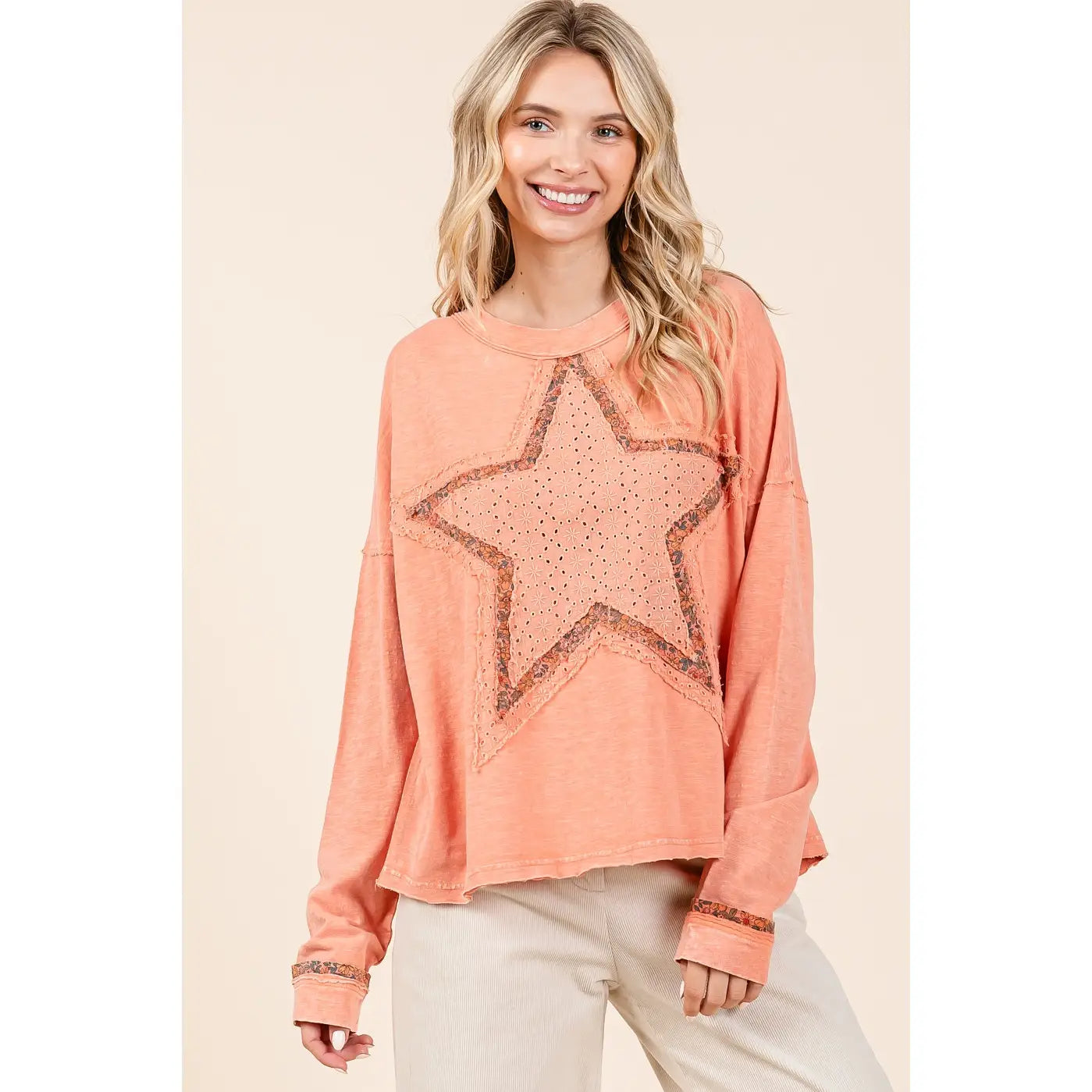 Mineral Wash Star Patch Long Sleeve Top