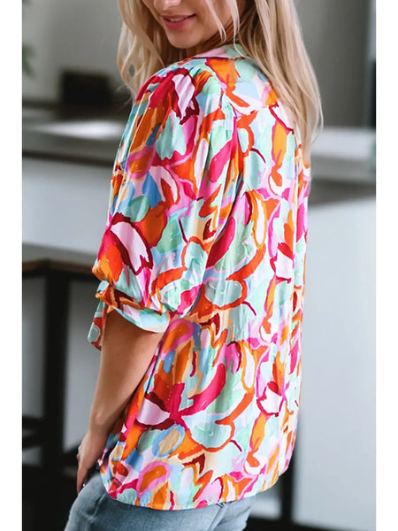 Women Abstract Print Pleated Half Sleeve Blouse