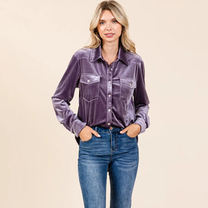 Velvet Button Down Blouse Top-plum