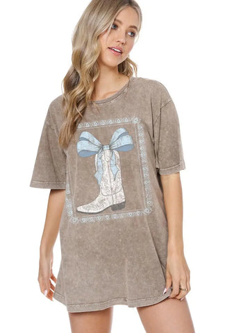 Cowboy Boots Bow Coquette Graphic S/S Washed Boyfriend Tee
