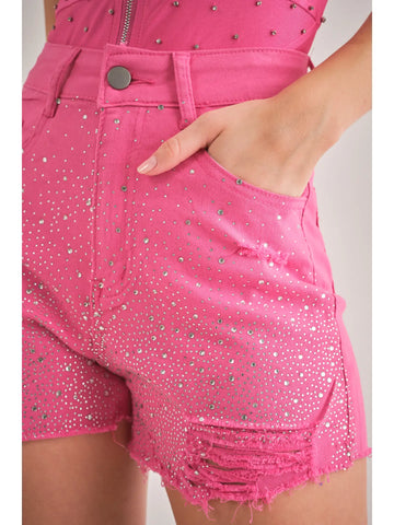 Rhinestone Embellished Stretch Denim Shorts