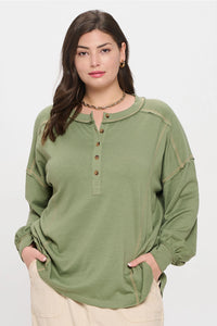 OLIVE PLUS CONTRAST STICH LONG SLEEVE HENLEY TOP (Copy)