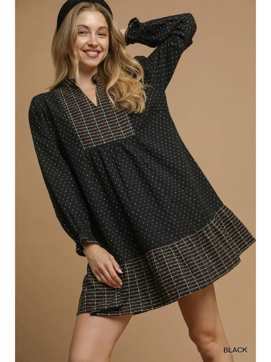 Polka Dot Plaid Trim Babydoll Dress