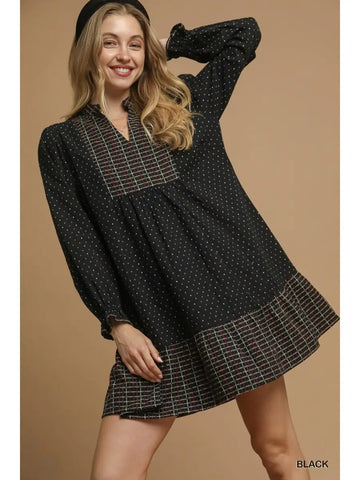 Polka Dot Plaid Trim Babydoll Dress