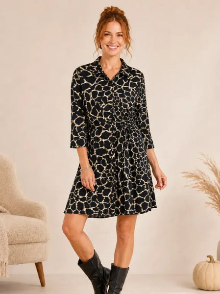 Linique Animal Button Down Self Sash Dress