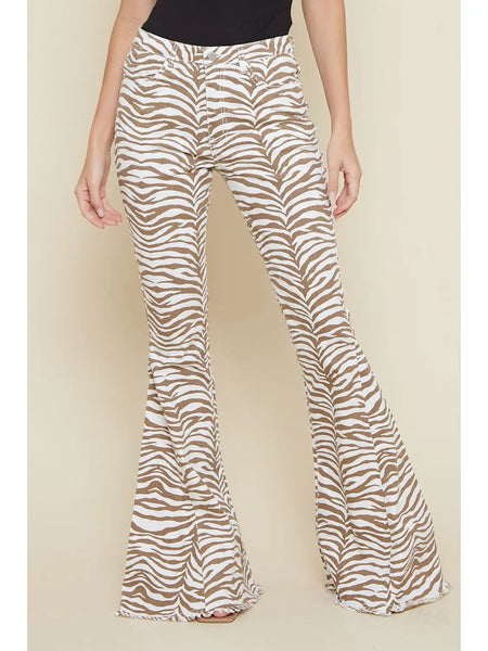 Ivory Taupe Western Tiger Print Denim Flares
