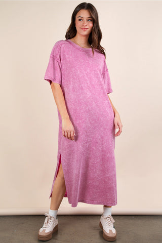 Mineral Washed Midi Dress-PINK