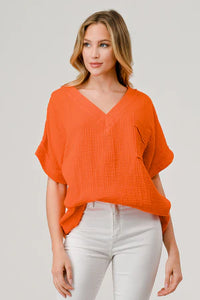 LANEY RAW HEM GAUZE TOP ORANGE