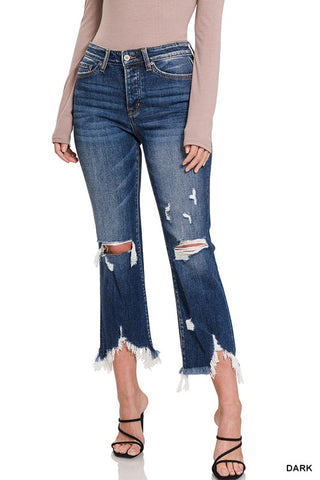 MID-RISE DISTRESSED BOOTCUT CROPPED DENIM PANTS