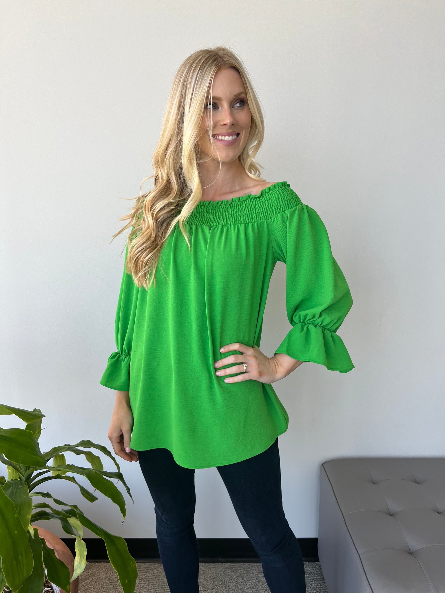the bow back top- green